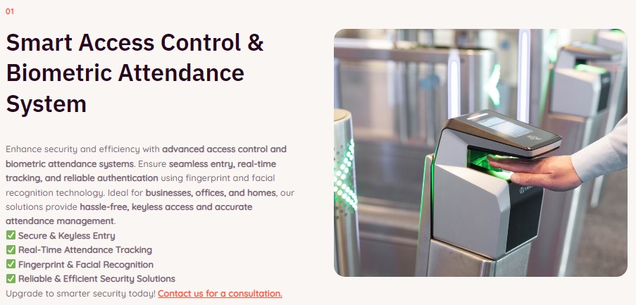 A modern biometric fingerprint scanner and access control panel mounted on a wall in an office, showing a digital display.