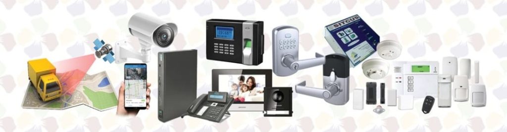 Comprehensive Security & Automation Hardware by Malar Sysint Group Collage displaying security and automation hardware integrated by Malar Sysint Group, including CCTV cameras, biometric attendance devices, smart locks, video door phones, and vehicle tracking systems.